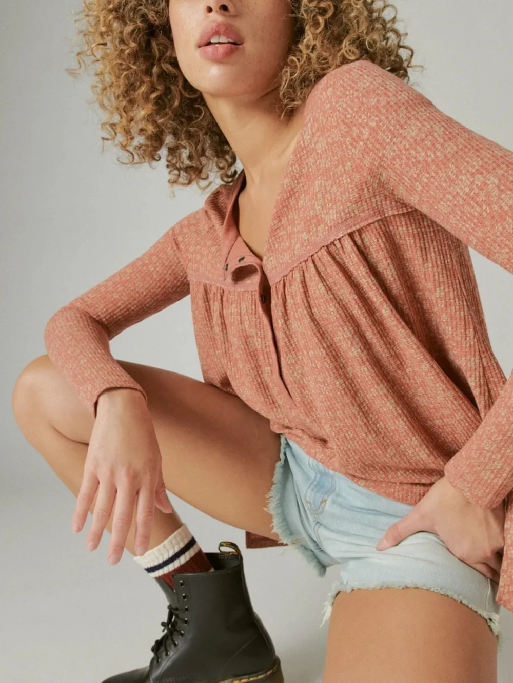 Lucky Brand Boho Babydoll Waffle Texture Henley Top - Picture 2 of 13